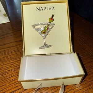 Napier Silver Rhinestone Martini Glass Pin with Green Enamel Olives